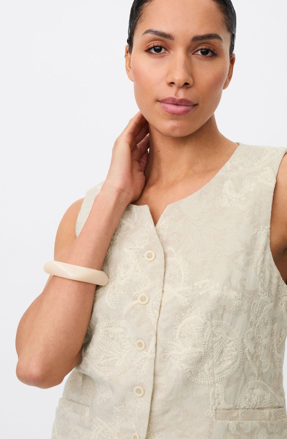 Jorviene Natural Embroidered Linen Mix Waistcoat