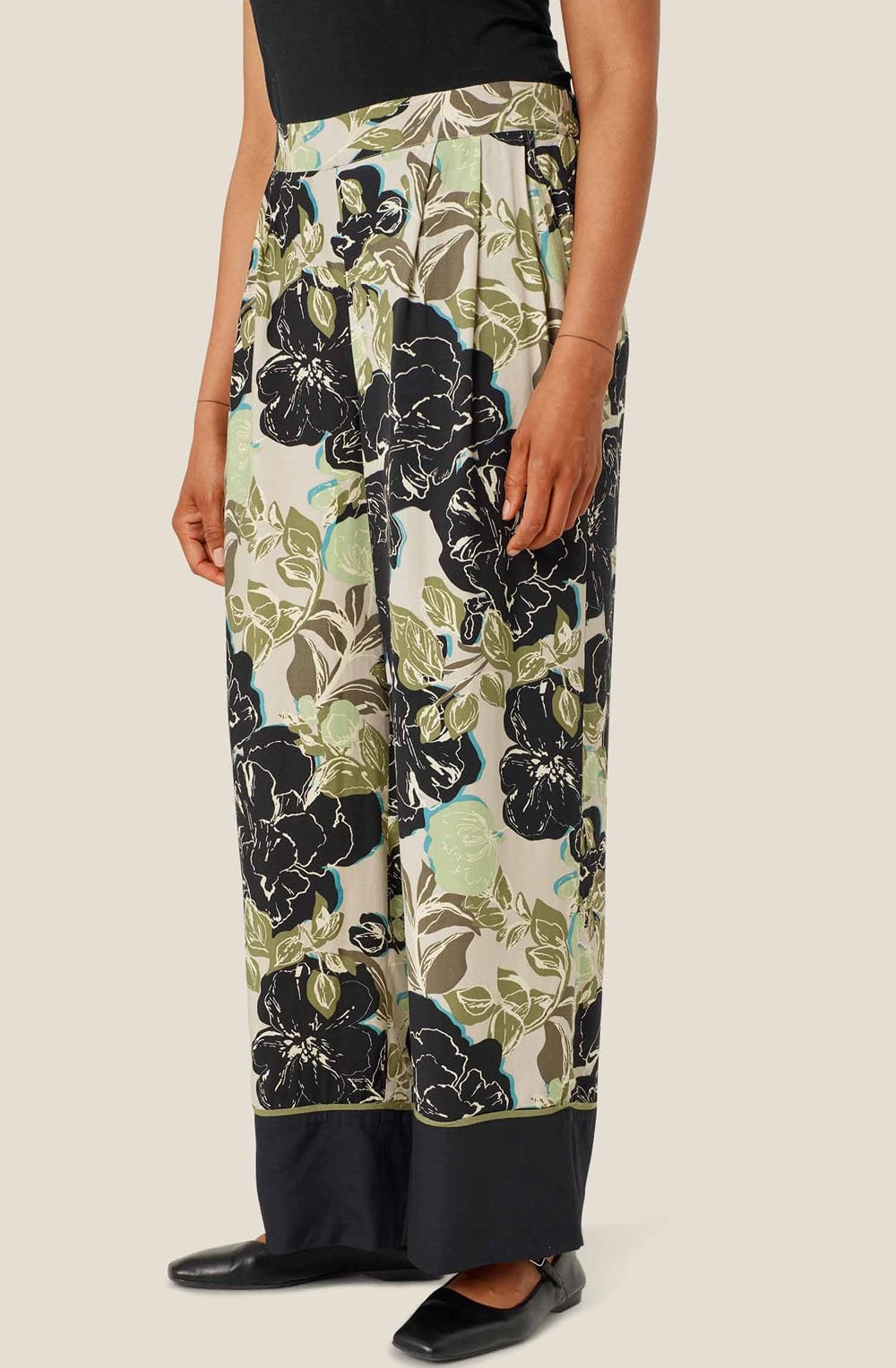 Loden Green Floral Wide Leg Pattys Trousers