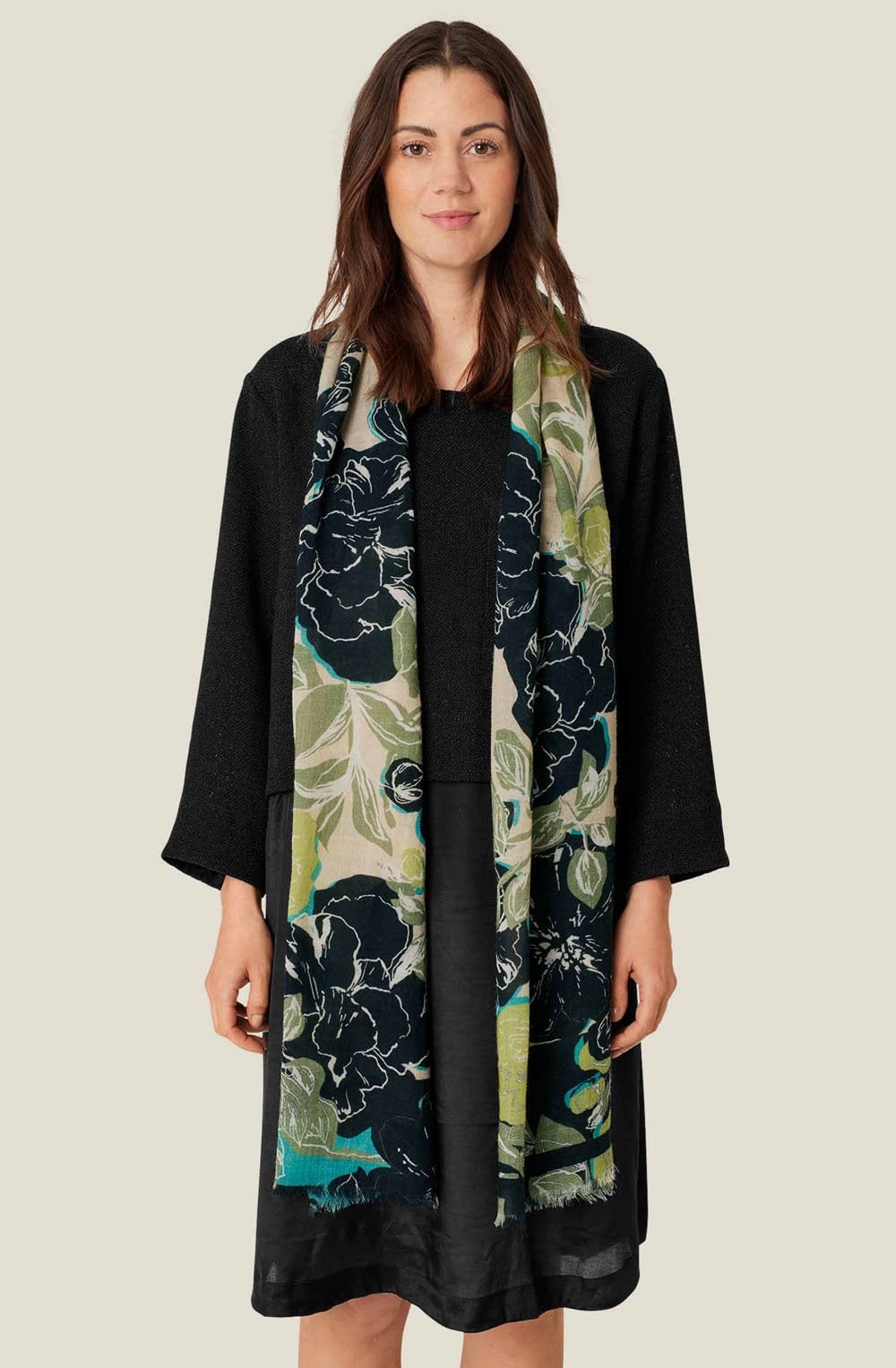 MaAranka Loden Green Floral Wool Scarf
