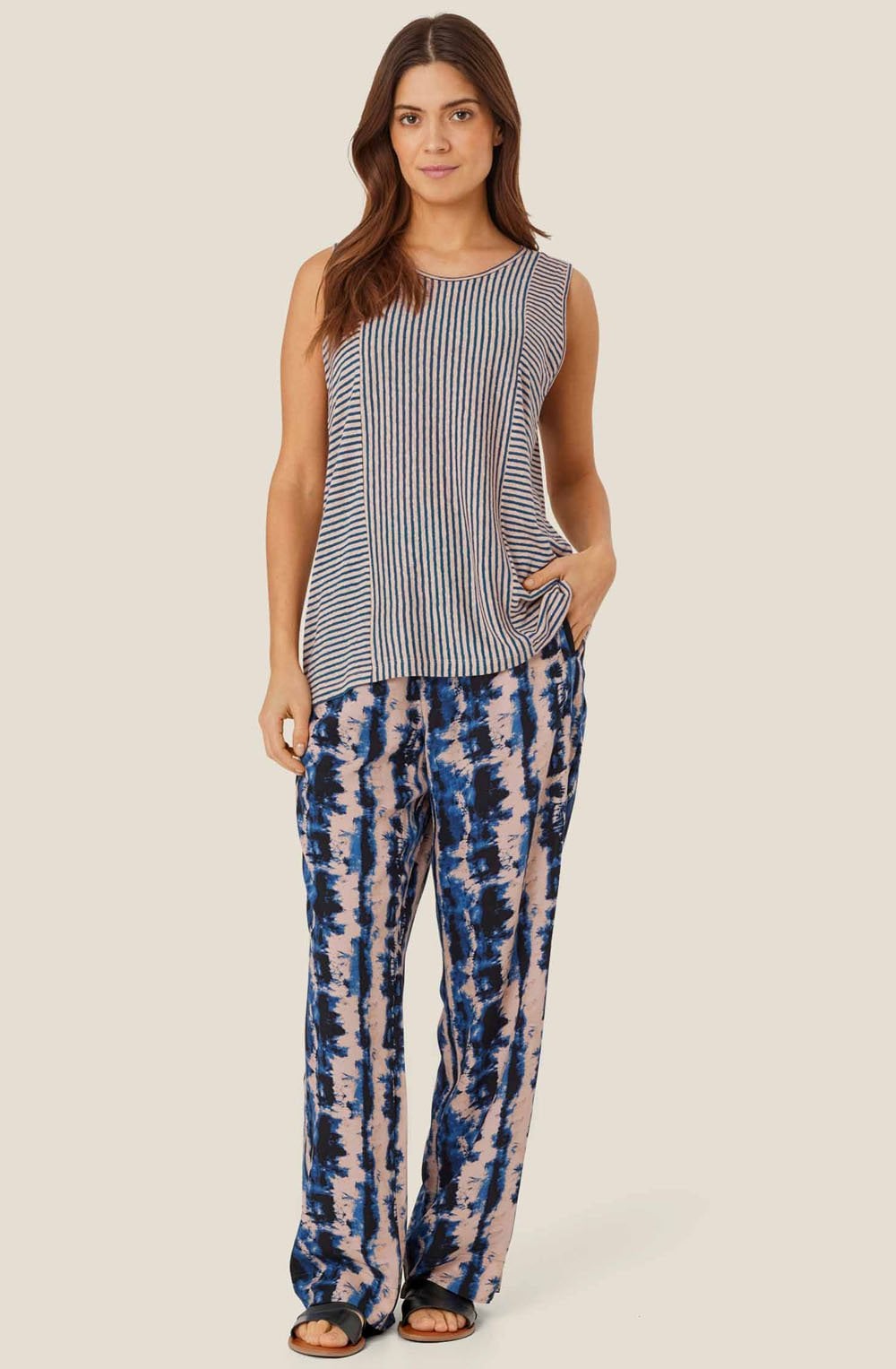 MaDa Navy Peony Linen Mix Top
