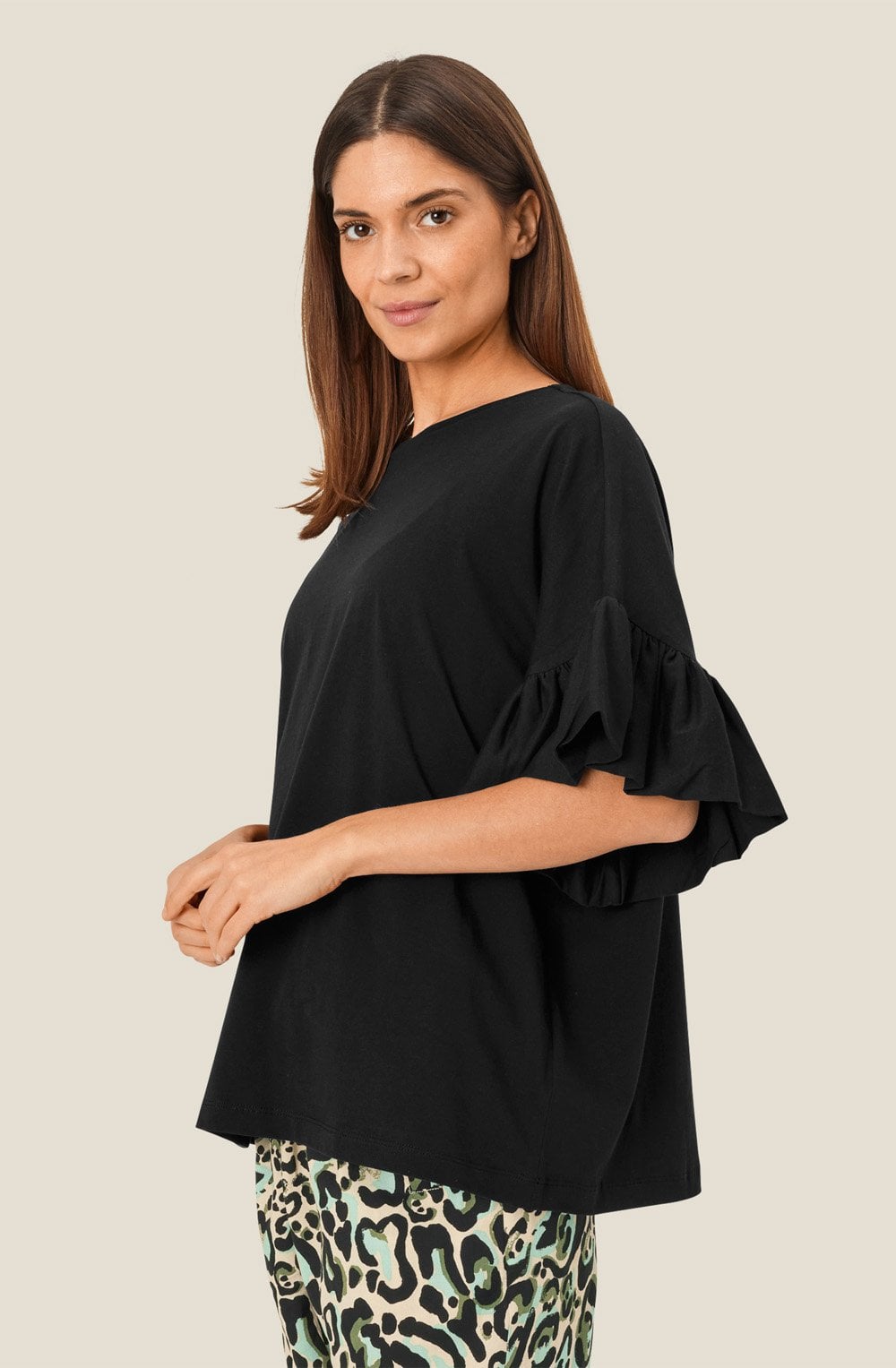 MaDalit Black Ruffle Sleeve T Shirt