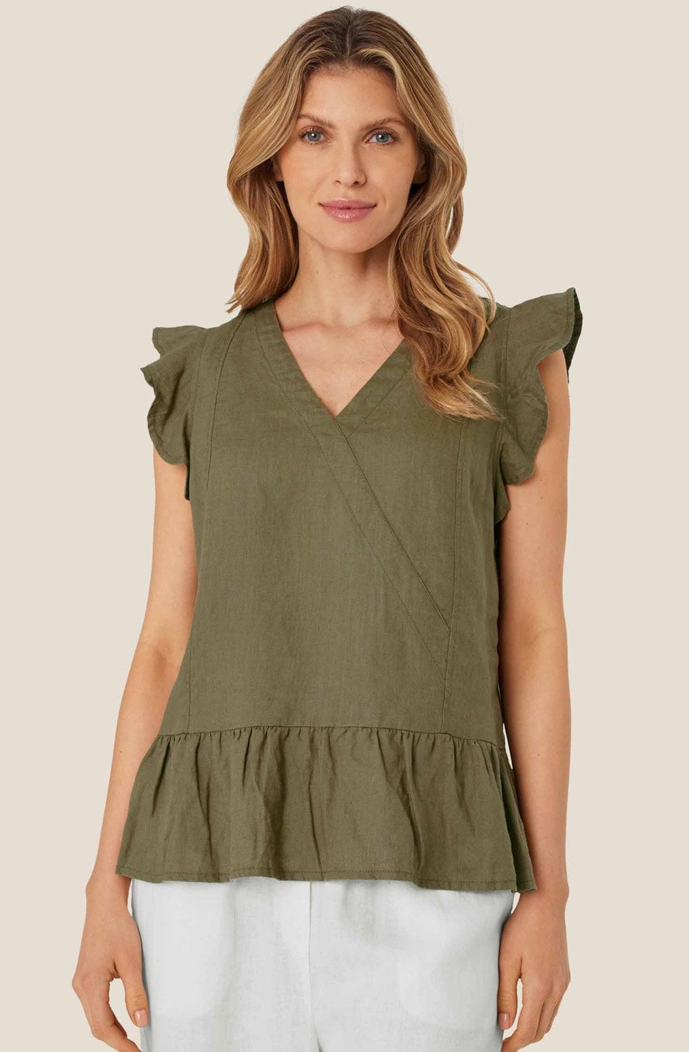 MaDua Dusky Green Linen Ruffled Top