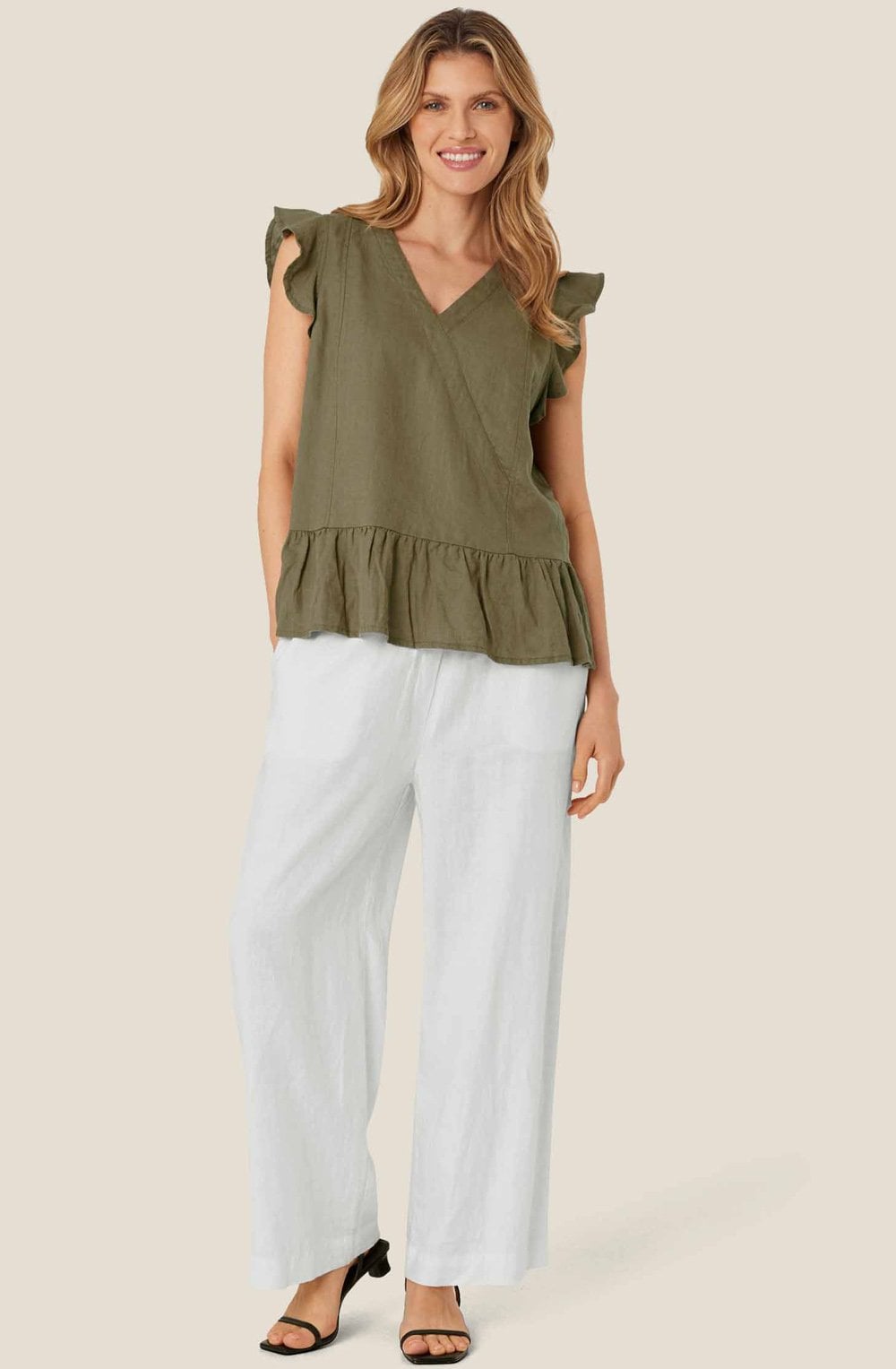 MaDua Dusky Green Linen Ruffled Top