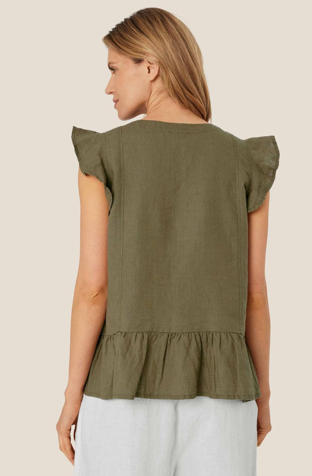 MaDua Dusky Green Linen Ruffled Top