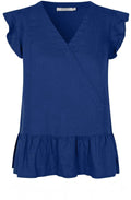 MaDua Navy Peony Linen Ruffled Top