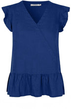 MaDua Navy Peony Linen Ruffled Top