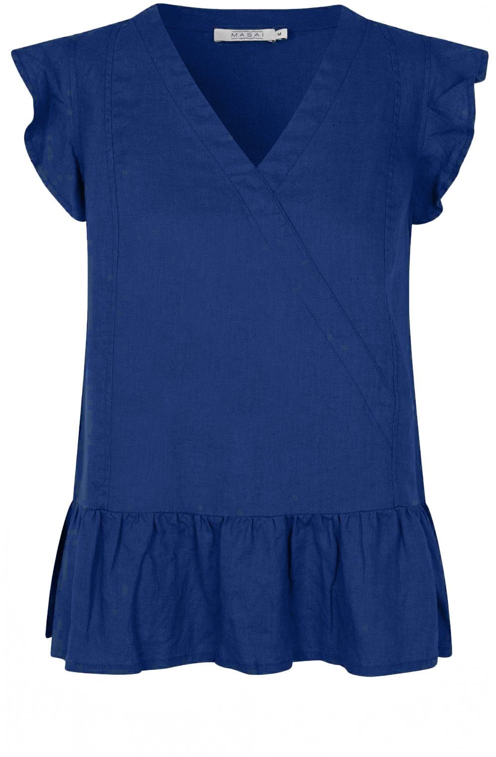 MaDua Navy Peony Linen Ruffled Top