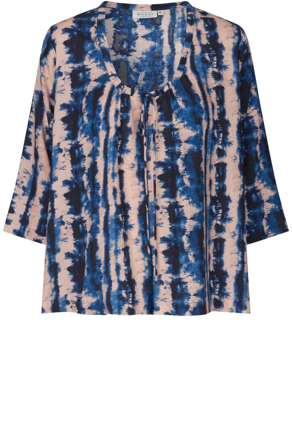 MaEnesta Navy Peony Drawstring Neck Blouse