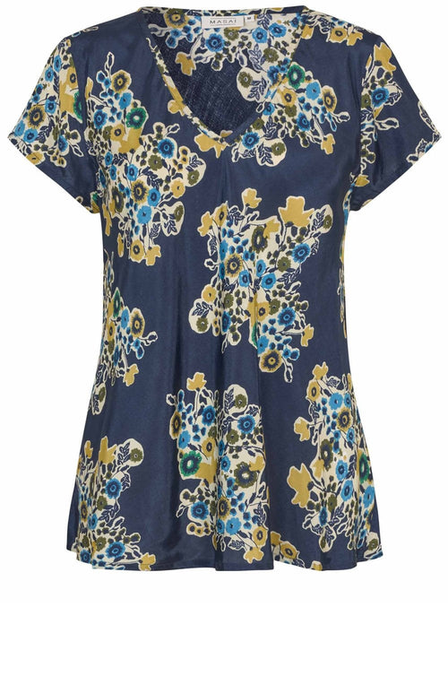MaKallo Mood Indigo Floral V Neck Blouse