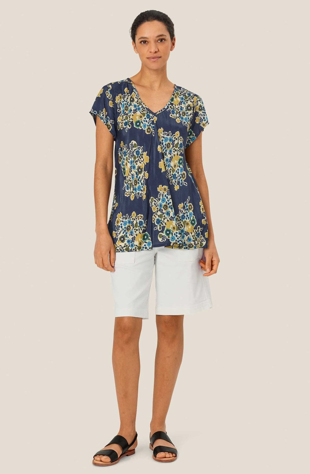 MaKallo Mood Indigo Floral V Neck Blouse