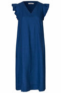 MaNajan Navy Peony Ruffle Sleeve Linen Dress
