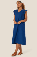MaNajan Navy Peony Ruffle Sleeve Linen Dress