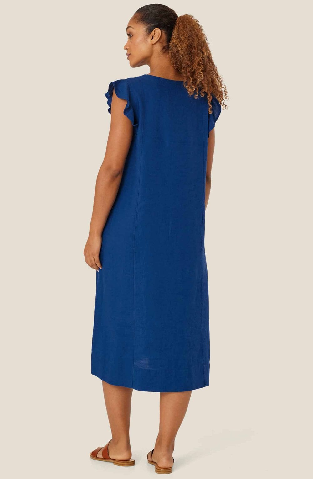 MaNajan Navy Peony Ruffle Sleeve Linen Dress