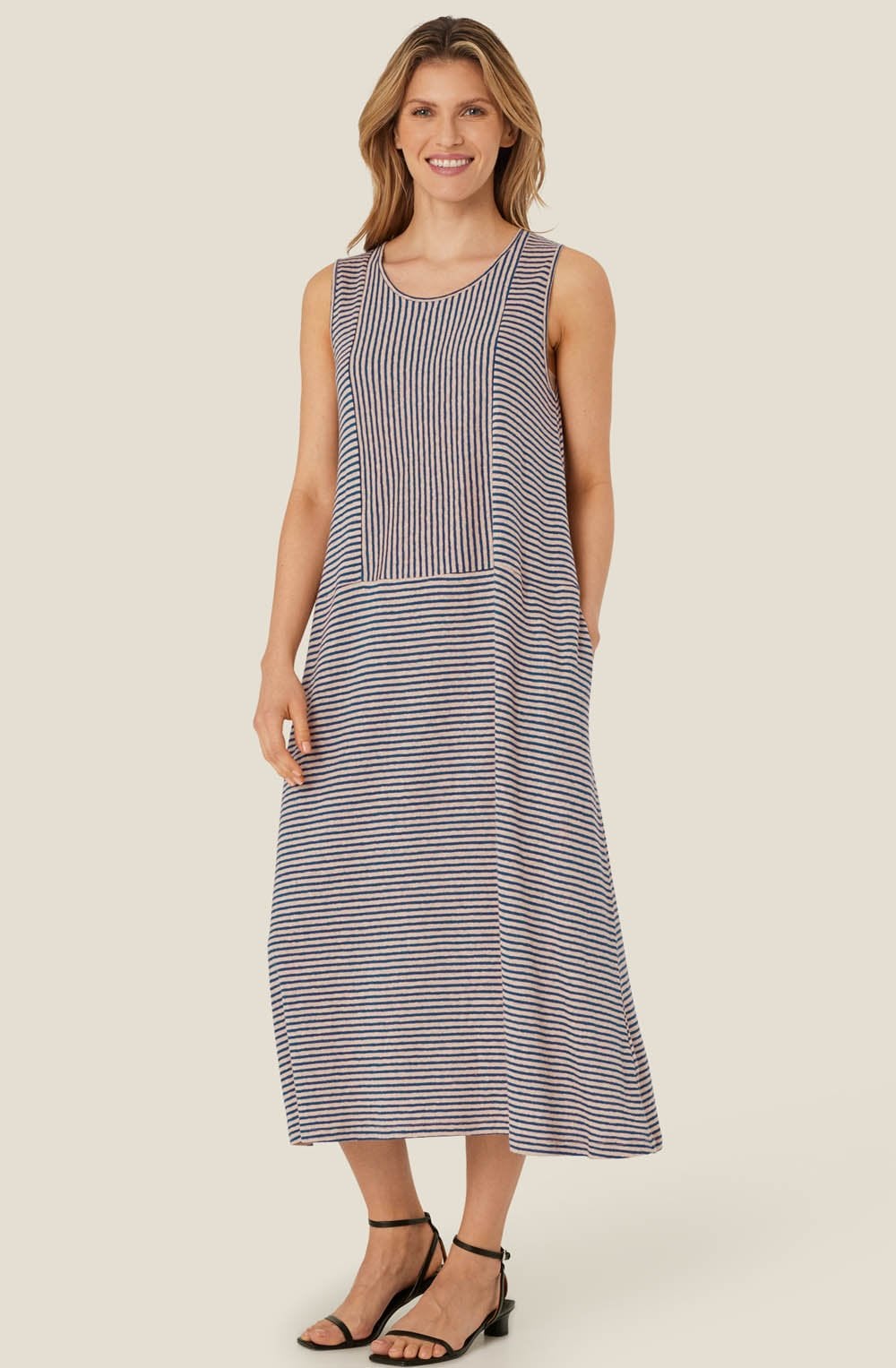 MaNellore Navy Peony Striped Linen Mix Dress