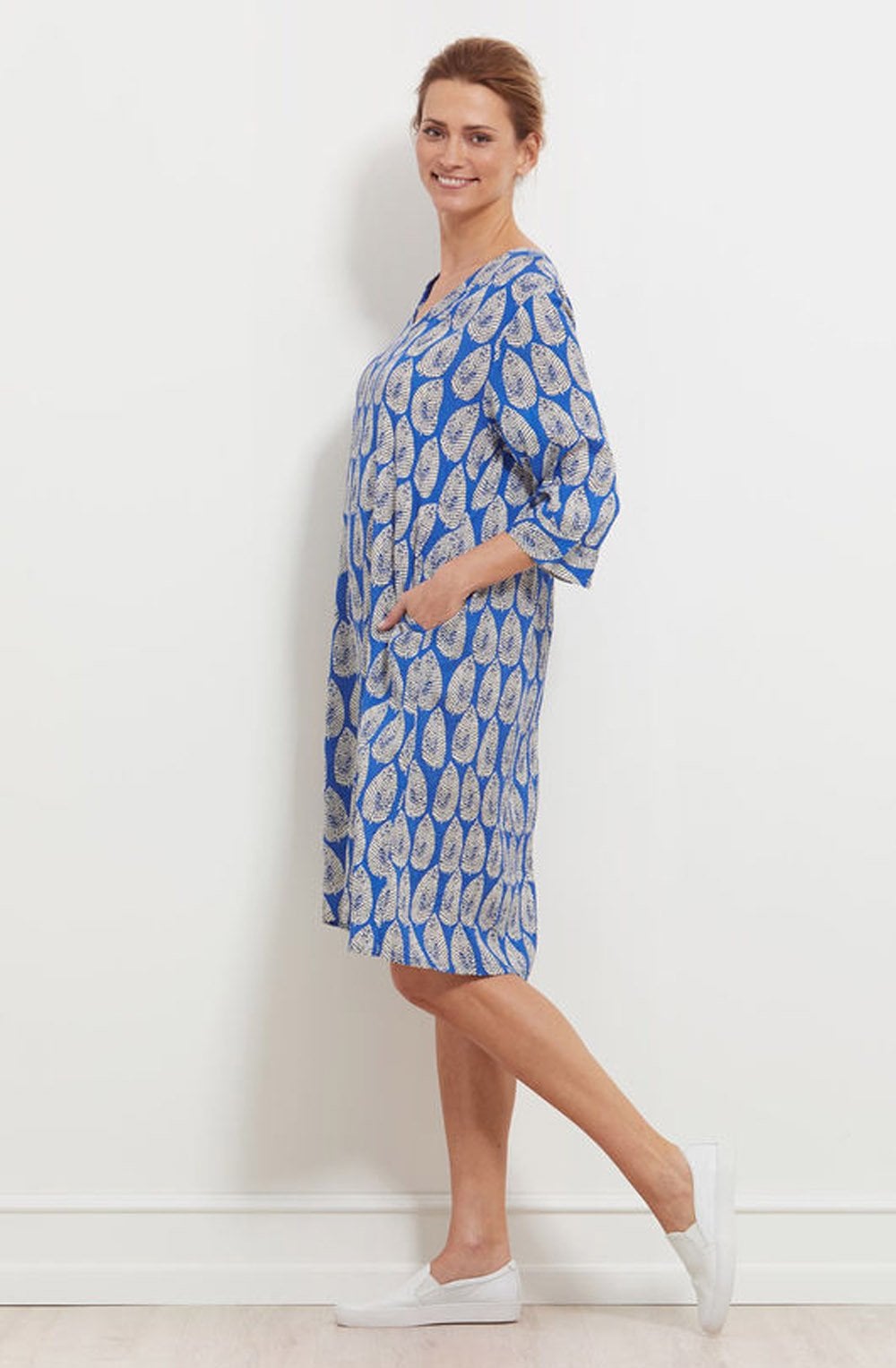 Nari Greek Blue Leaf Print Dress