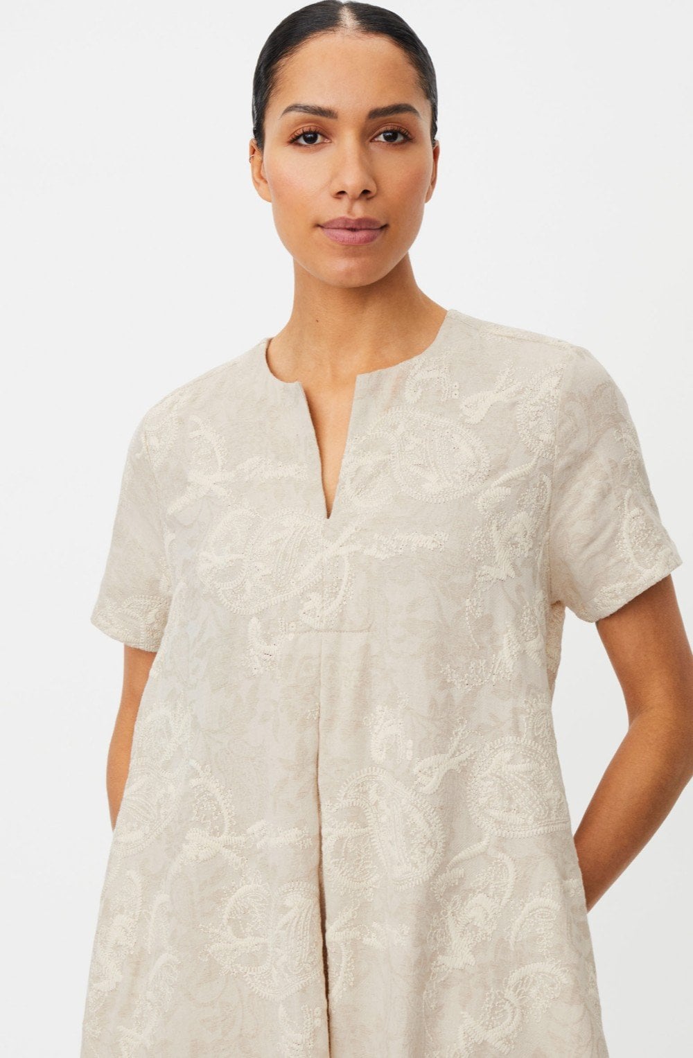 Nipani Natural Embroidered Linen Mix Dress
