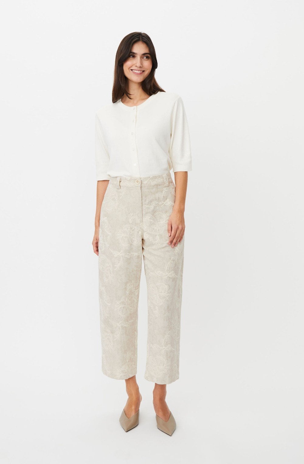 Paelith Natural Embroidered Linen Mix Cropped Trousers