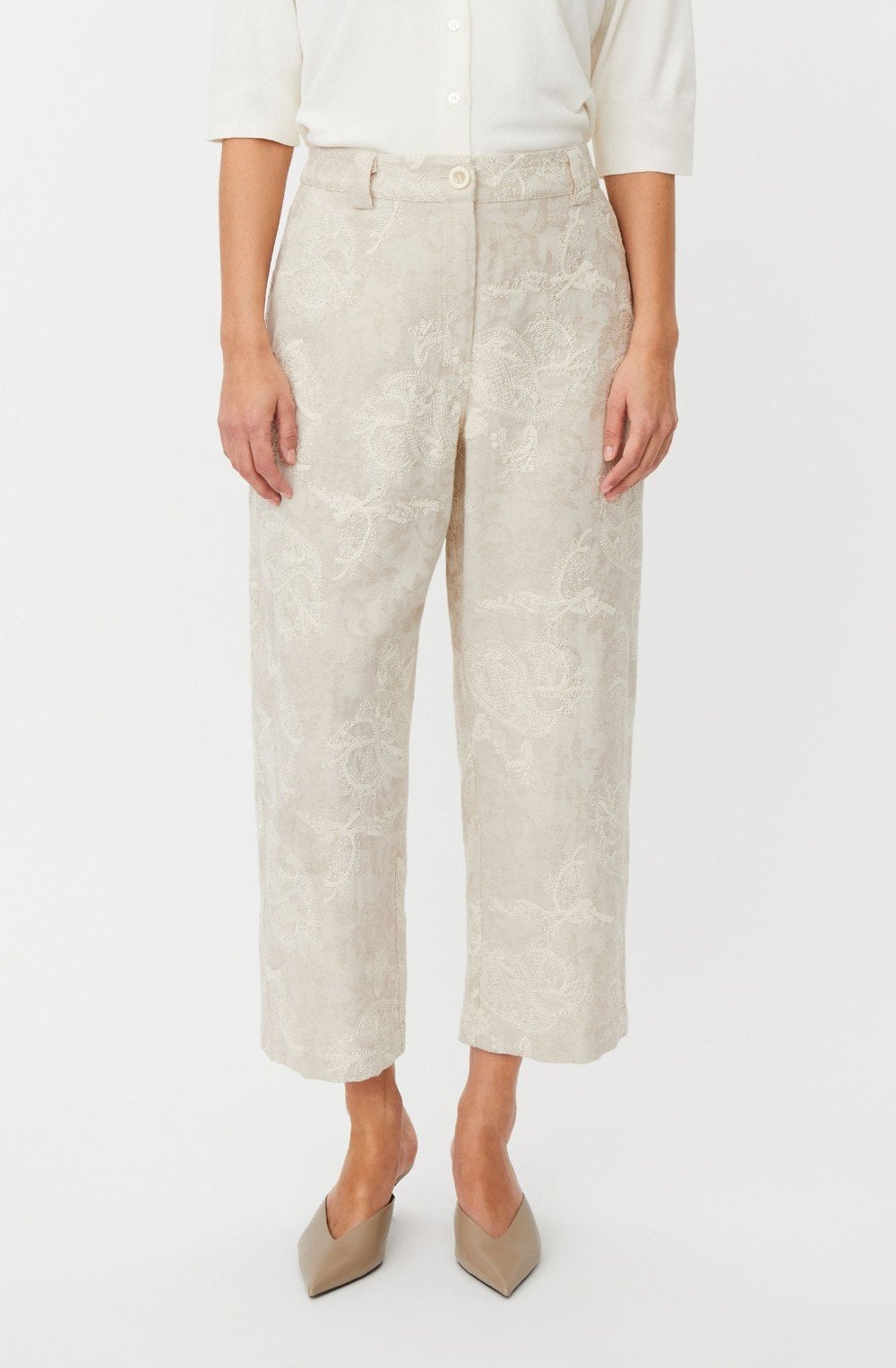 Paelith Natural Embroidered Linen Mix Cropped Trousers
