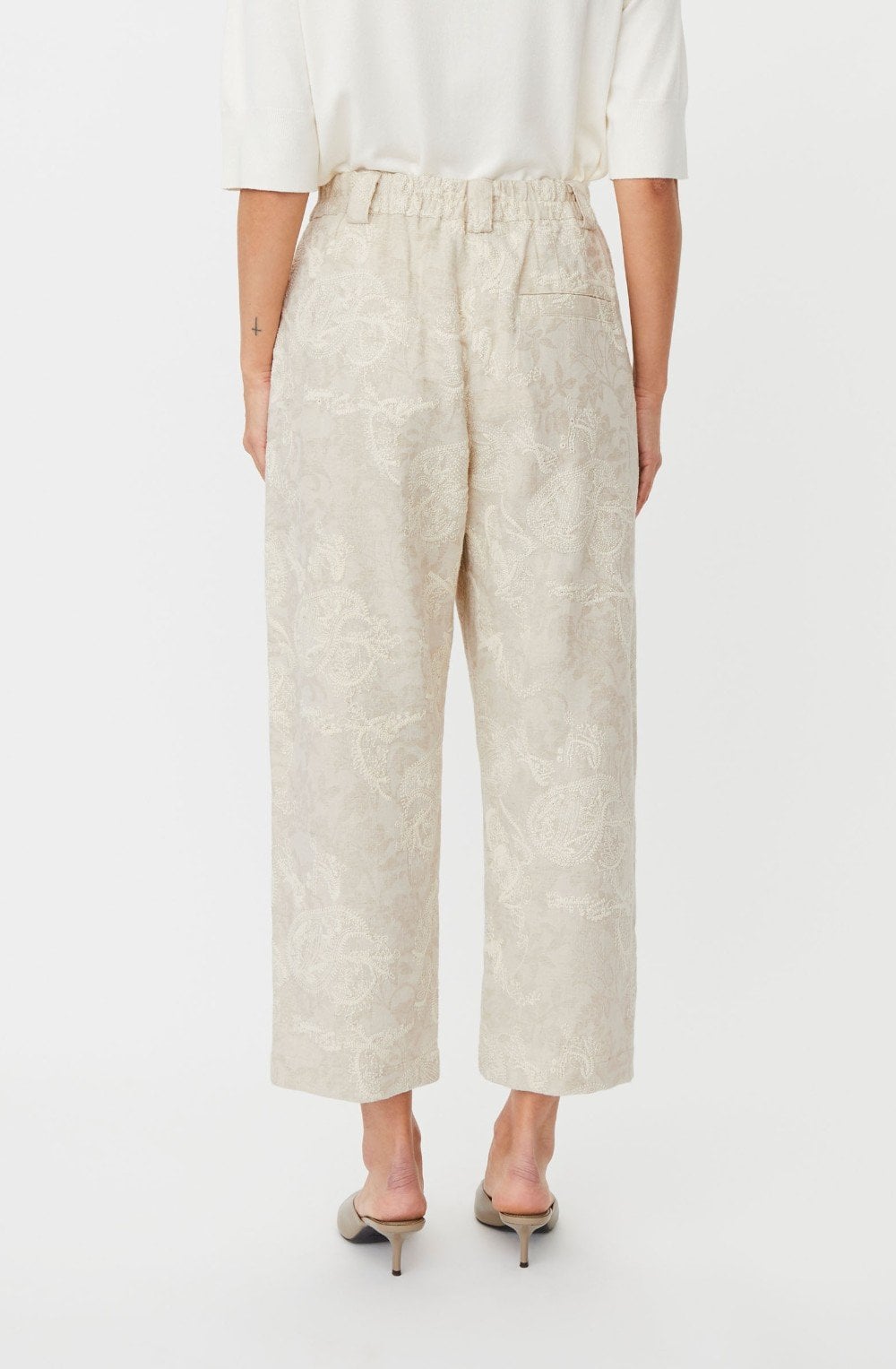 Paelith Natural Embroidered Linen Mix Cropped Trousers