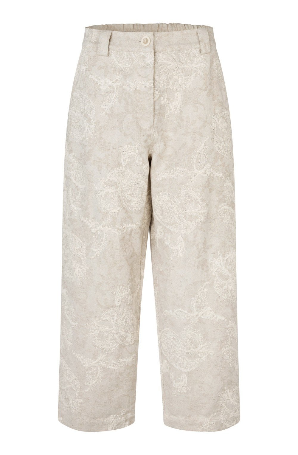 Paelith Natural Embroidered Linen Mix Cropped Trousers