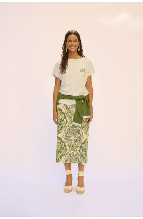 Green and Blue Bold Print Silk Touch Jersey Skirt