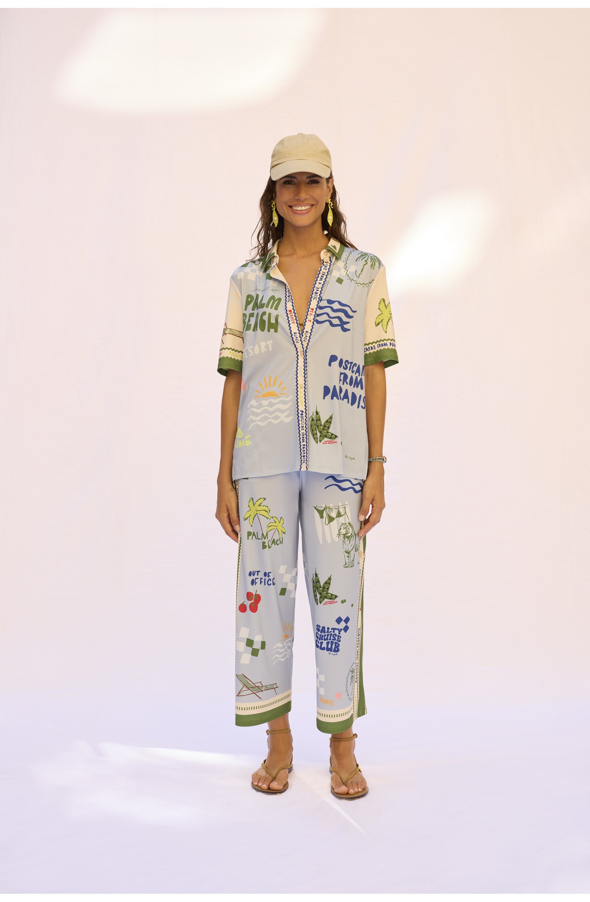 Light Blue and Green Palm Beach Cropped Jersey Trousers
