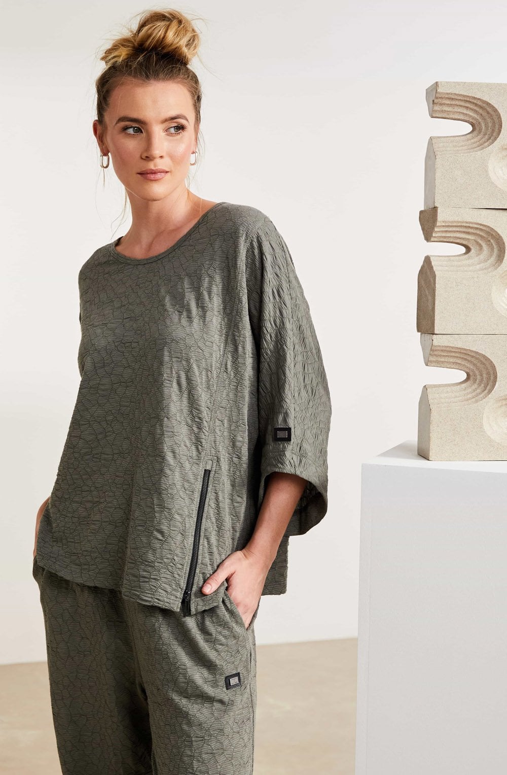 Army Green Sleeve Embossed Top