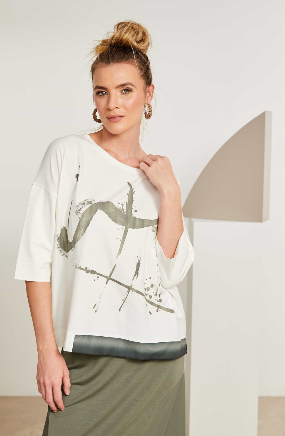 Army Green Splash Print Top