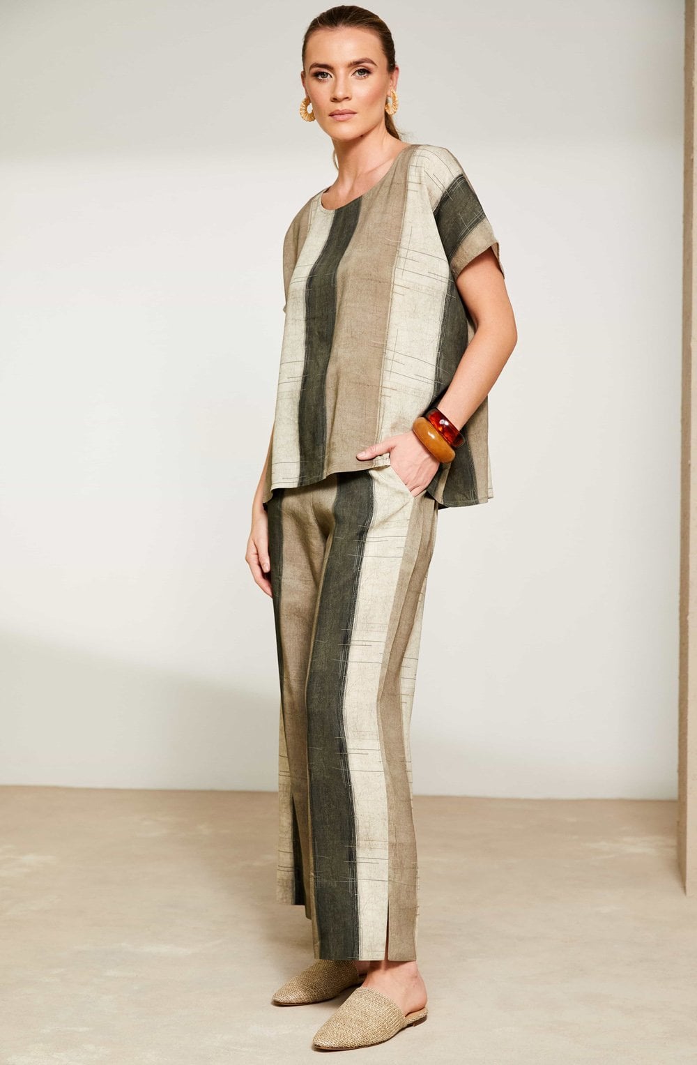 Army Green Striped Oversized Top