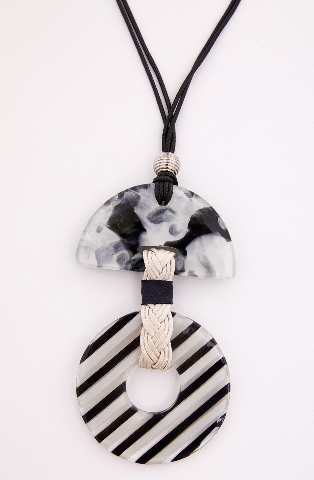Black and Cream Striped Disc Necklace