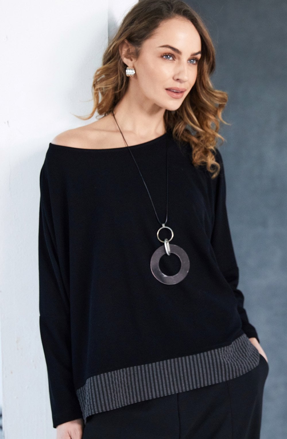 Black and Grey Pinstripe Hem Top