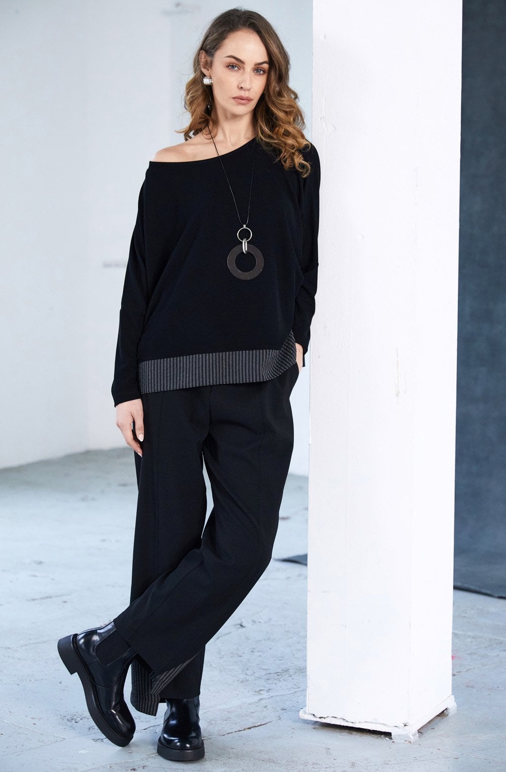 Black and Grey Pinstripe Hem Top