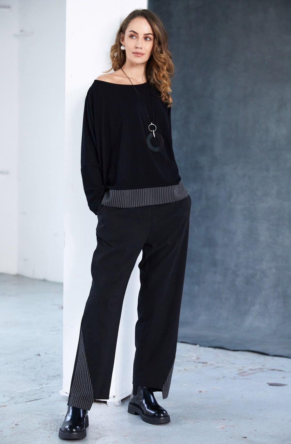 Black and Grey Pinstripe Hem Top