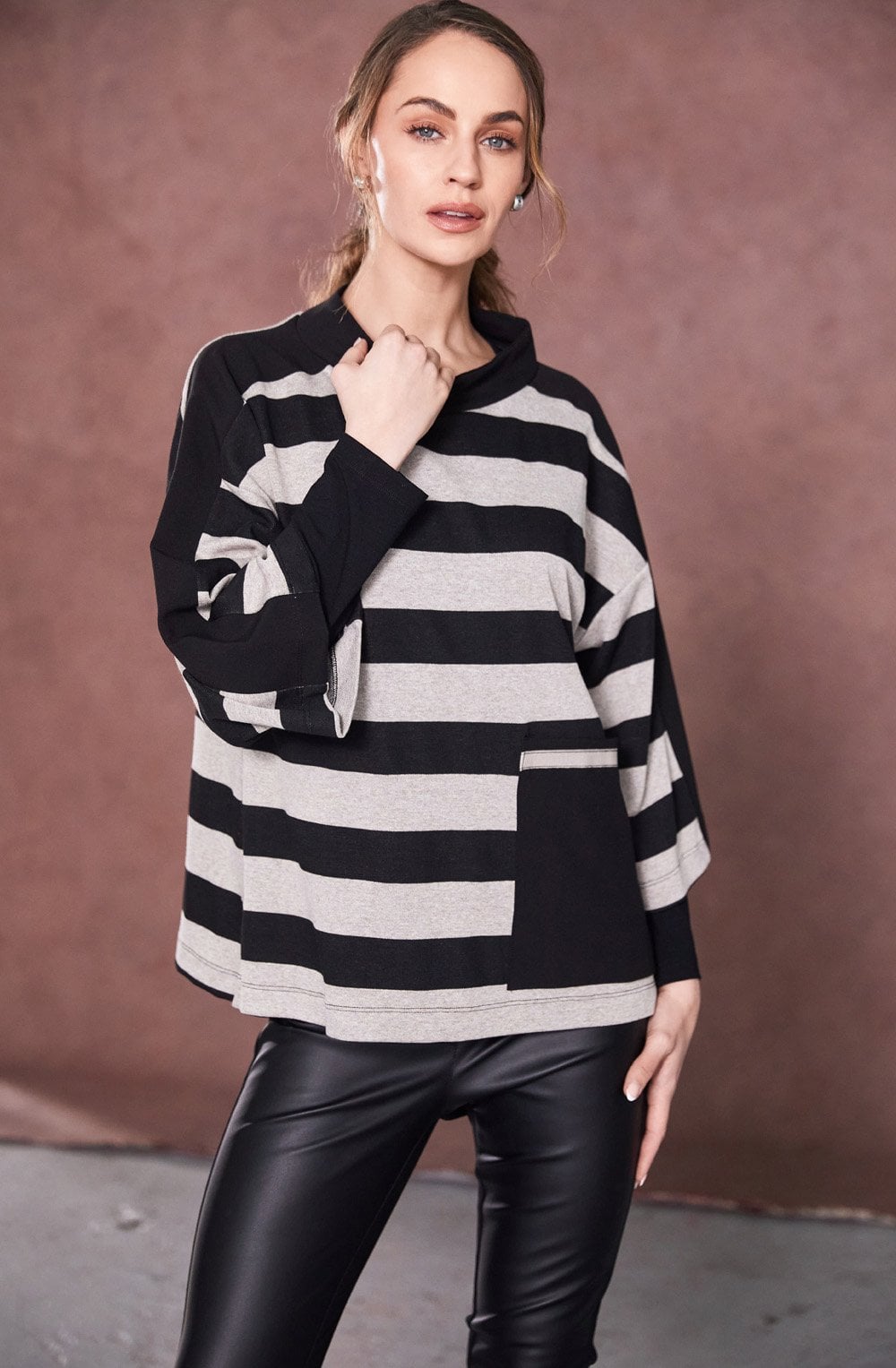 Black and Taupe Striped Funnel Neck Top