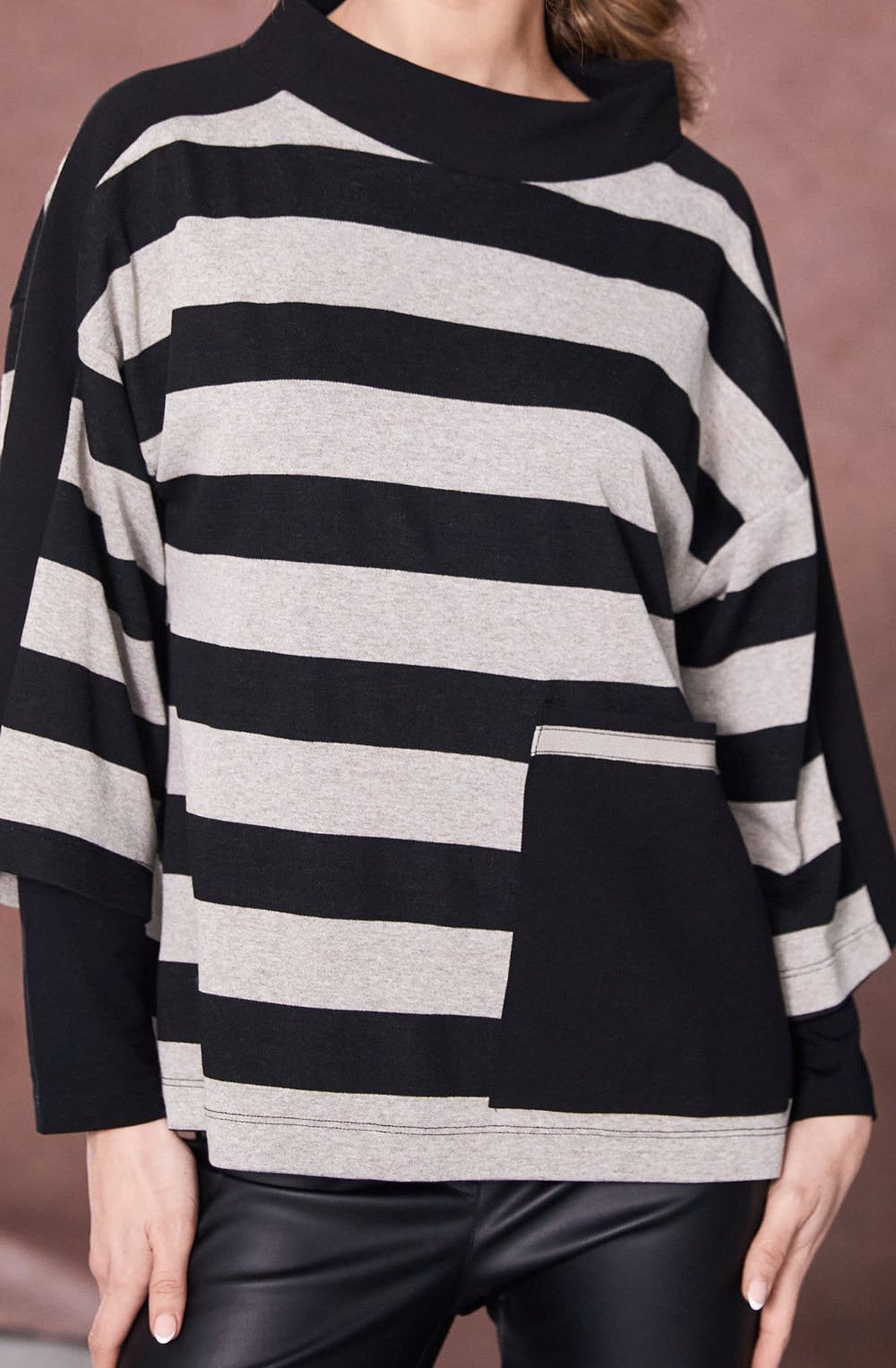 Black and Taupe Striped Funnel Neck Top