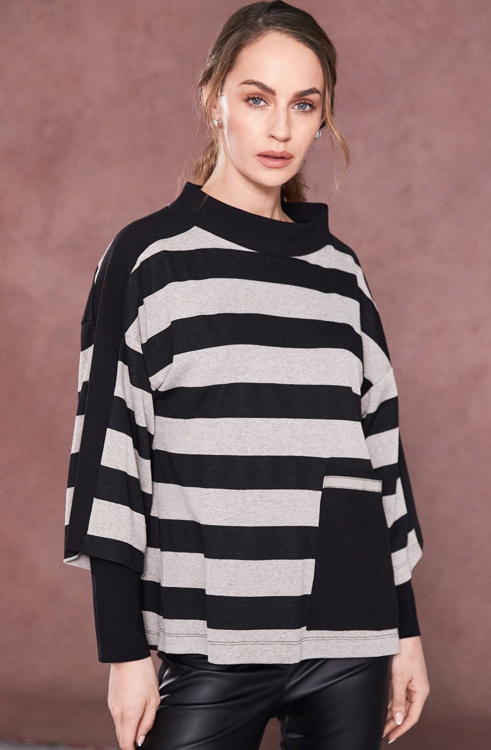 Black and Taupe Striped Funnel Neck Top