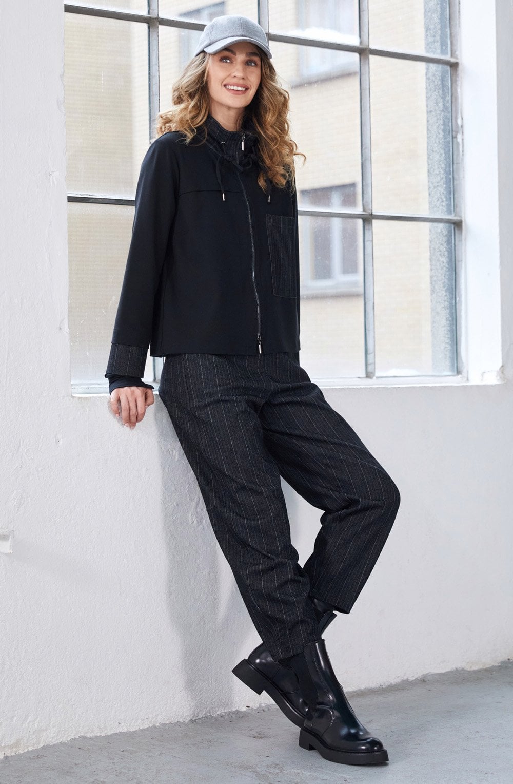 Black and White Herringbone Barrel Trousers
