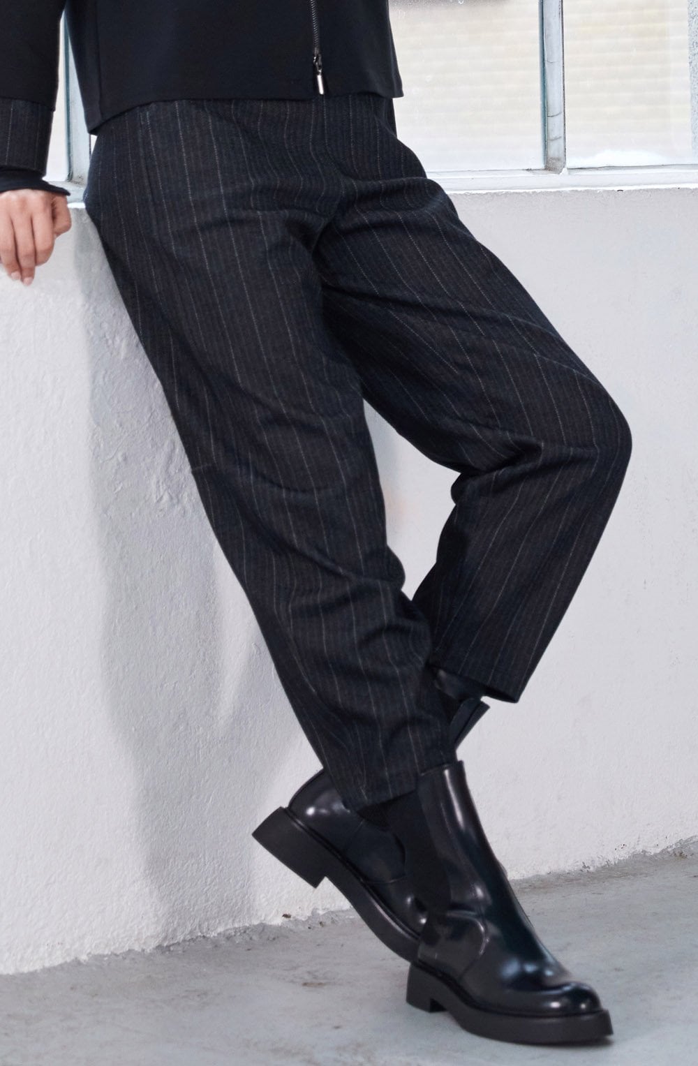 Black and White Herringbone Barrel Trousers