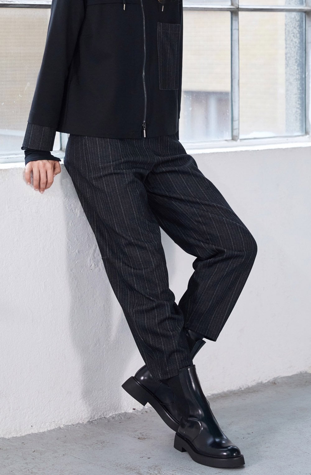 Black and White Herringbone Barrel Trousers