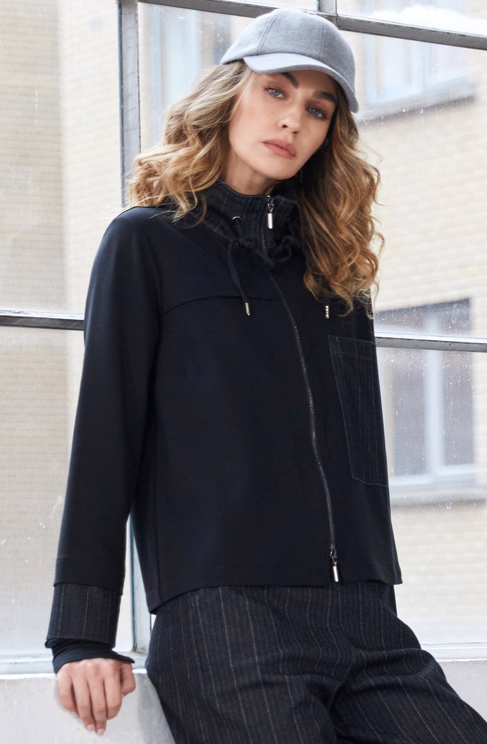 Black and White Herringbone Detail Jersey Jacket