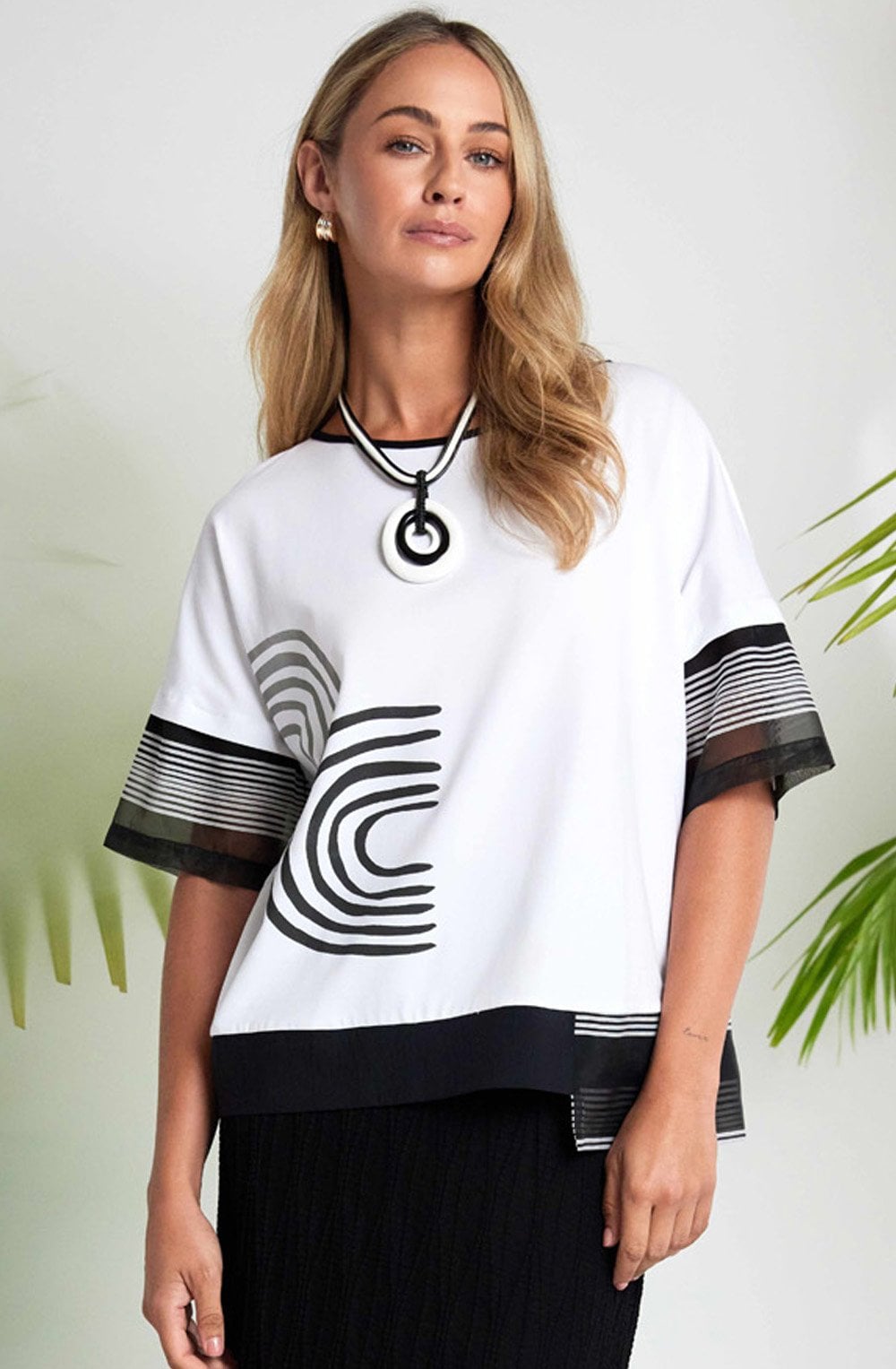 Black and White Placement Print and Mesh Panel Top
