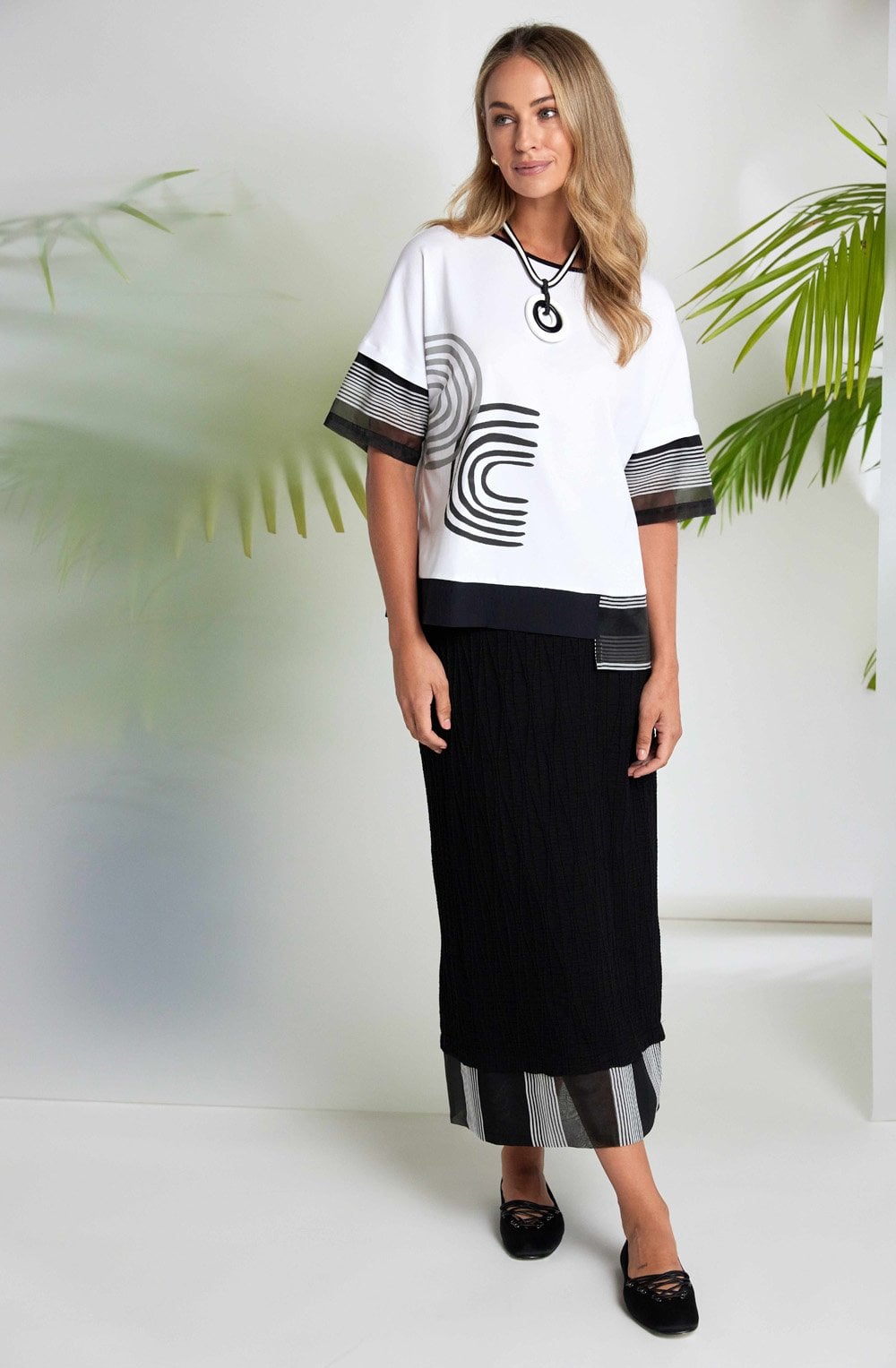 Black and White Placement Print and Mesh Panel Top