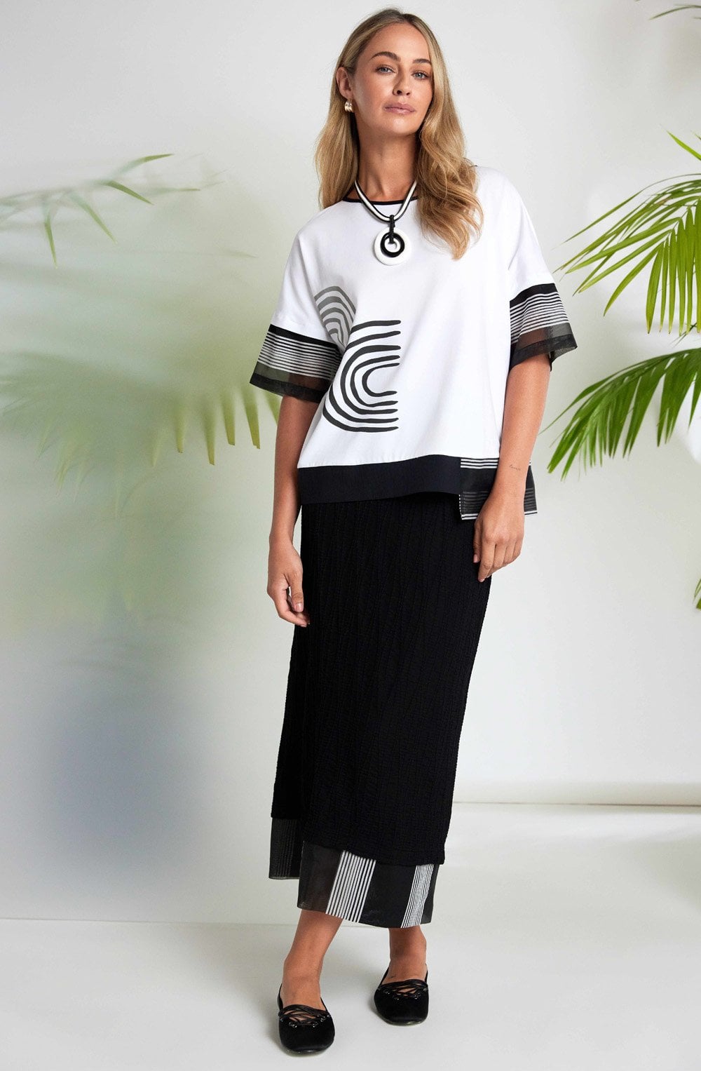 Black and White Placement Print and Mesh Panel Top