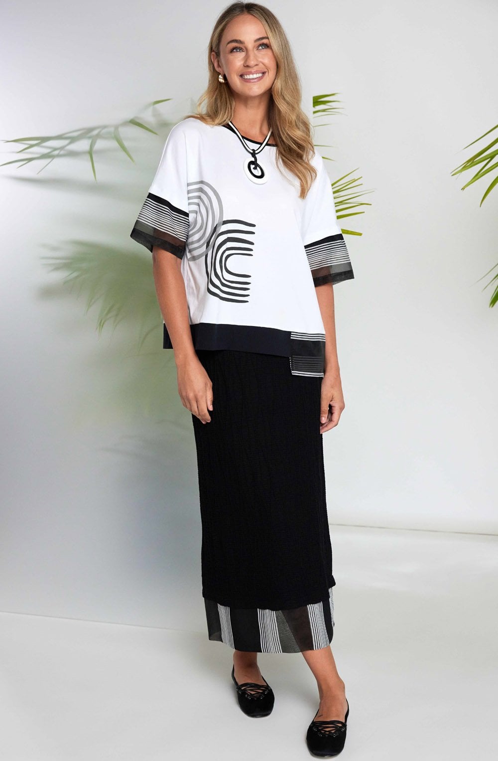 Black and White Placement Print and Mesh Panel Top