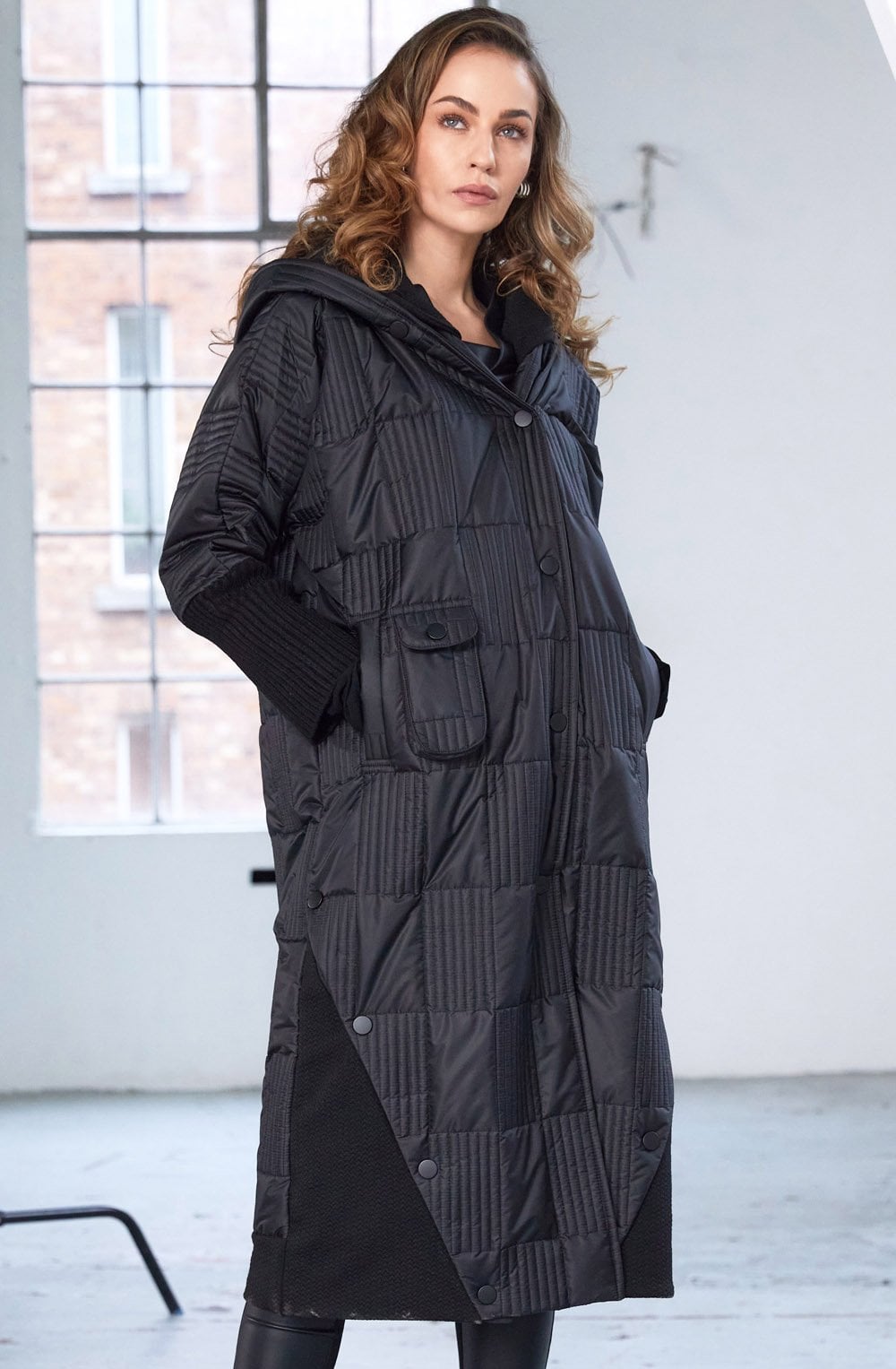 Black Quilted and Ribbed Longline Coat