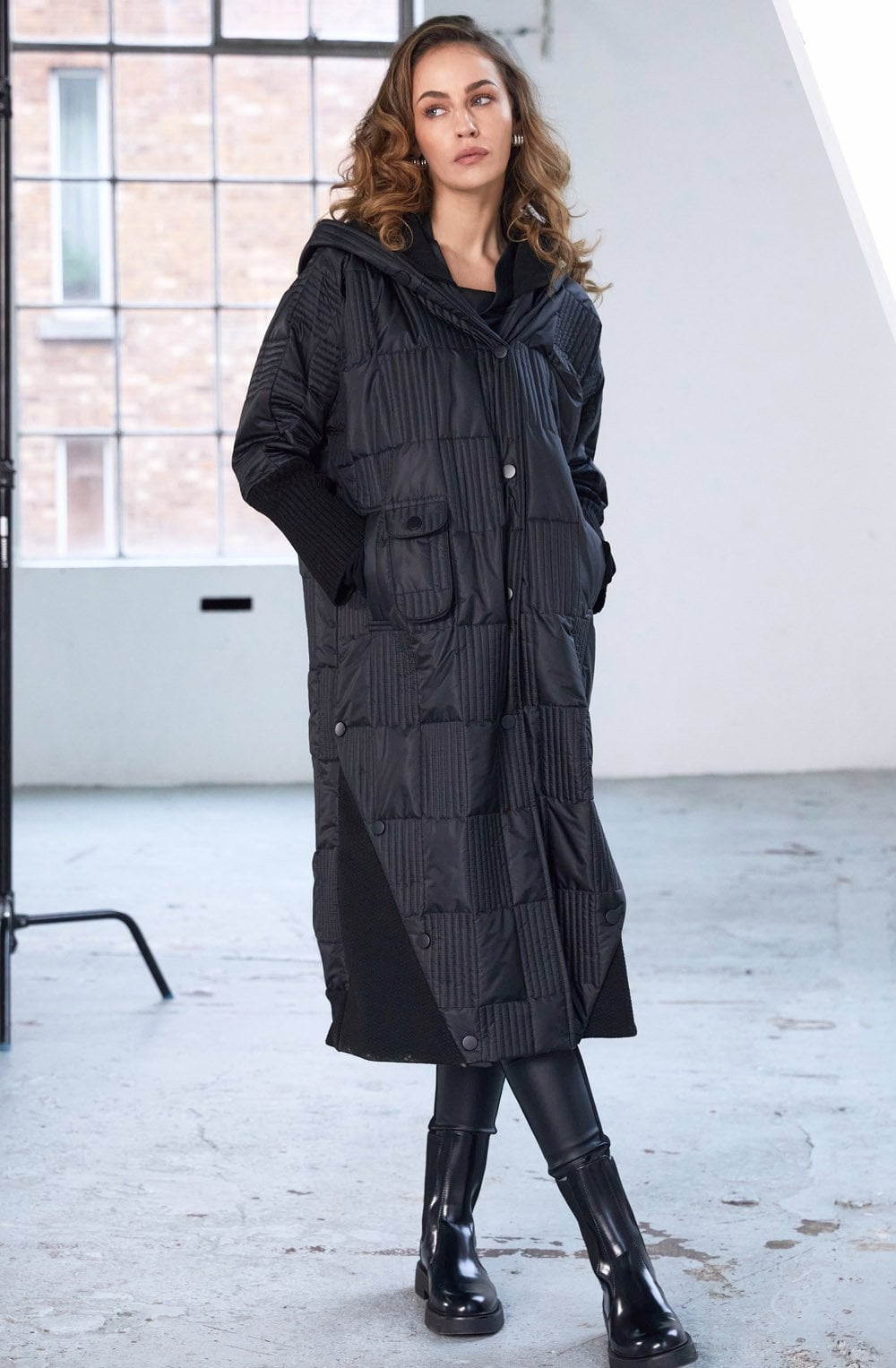 Black Quilted and Ribbed Longline Coat