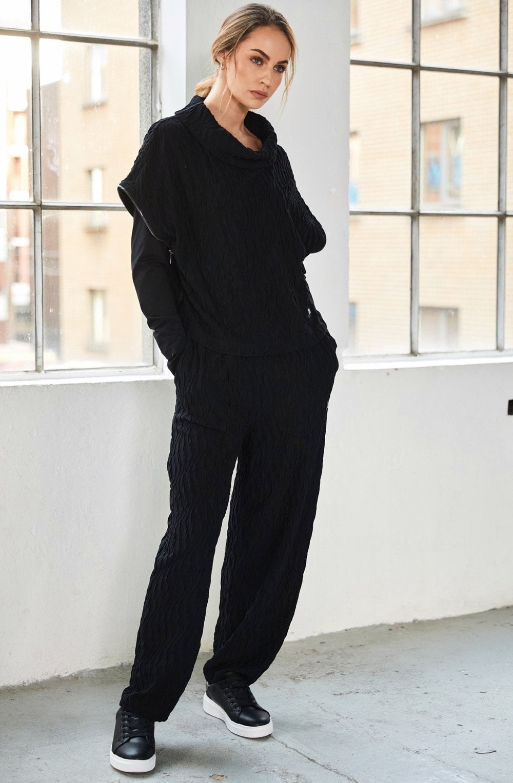 Black Textured Jersey Tapered Trousers