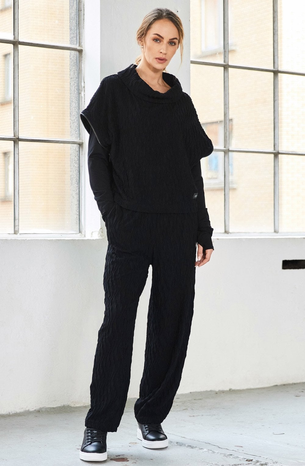 Black Textured Jersey Tapered Trousers