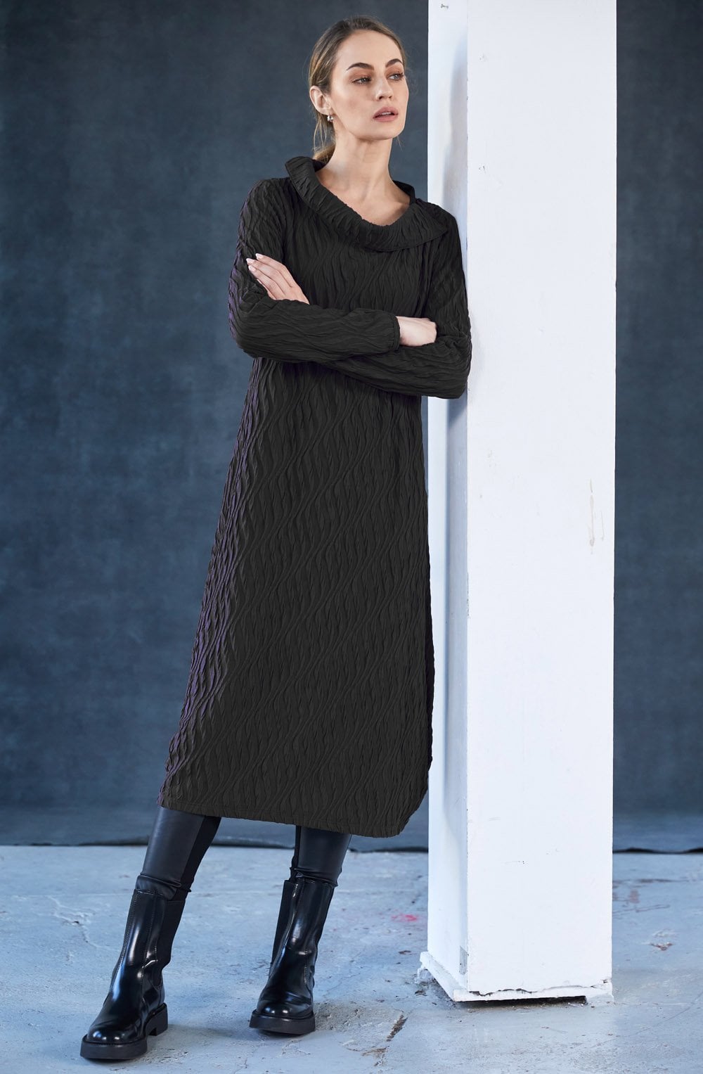 Black Textured Jersey Tulip Hem Dress