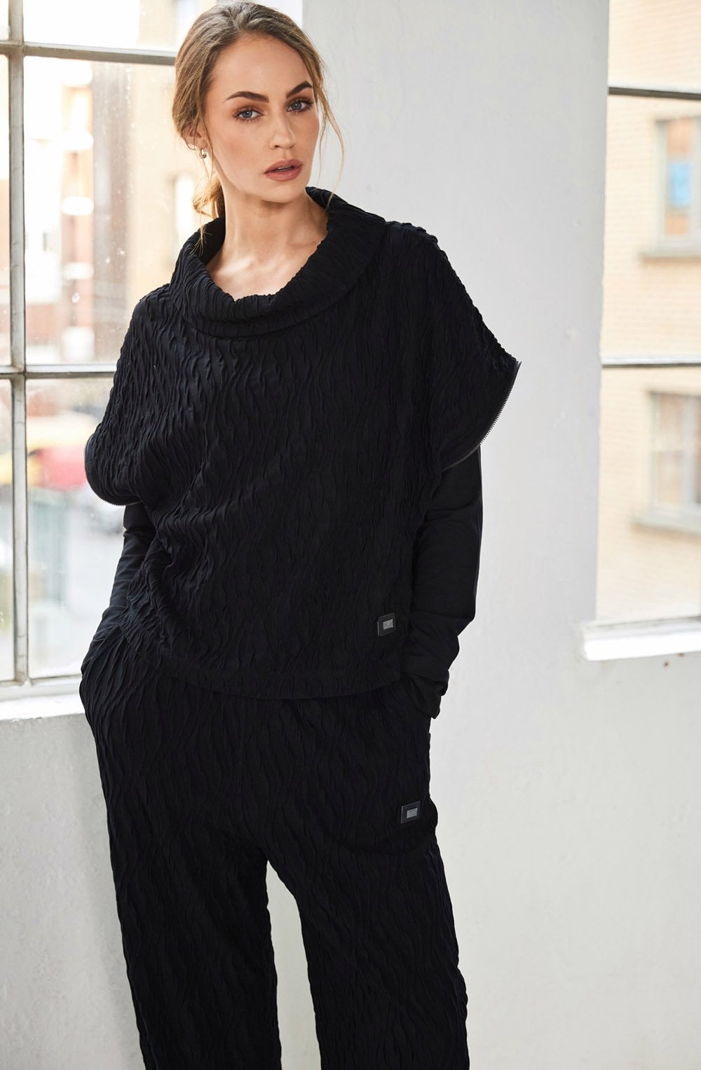 Black Zip Detail Funnel Neck Top